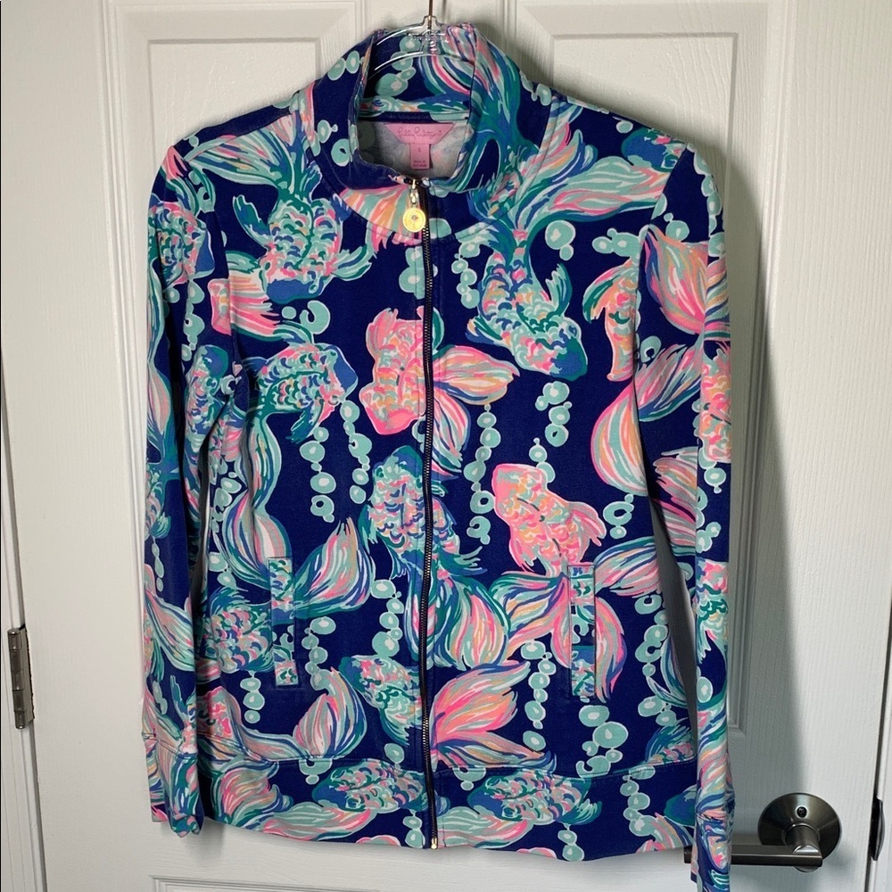 Lilly Pulitzer zip front jersey jacket navy blue with colorful print size small